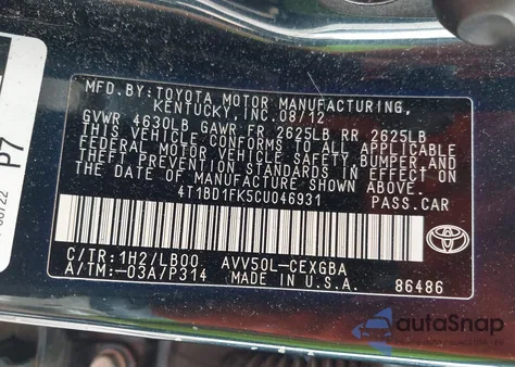 2012 Toyota Camry Xle z USA, uszkodzony, nr VIN 4T1BD1FK5CU046931